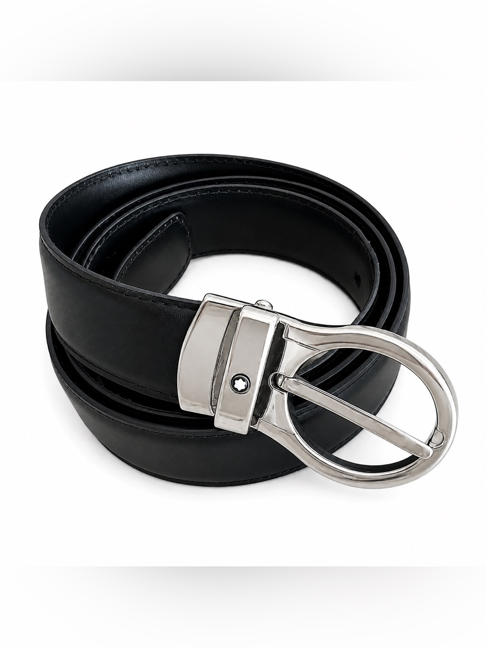 Montblanc Men’s Black Leather Belt Size 36 Silver Buckle